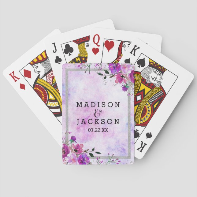 Chic Purple Floral & Silver Frame Wedding Favor Poker Cards (Back)