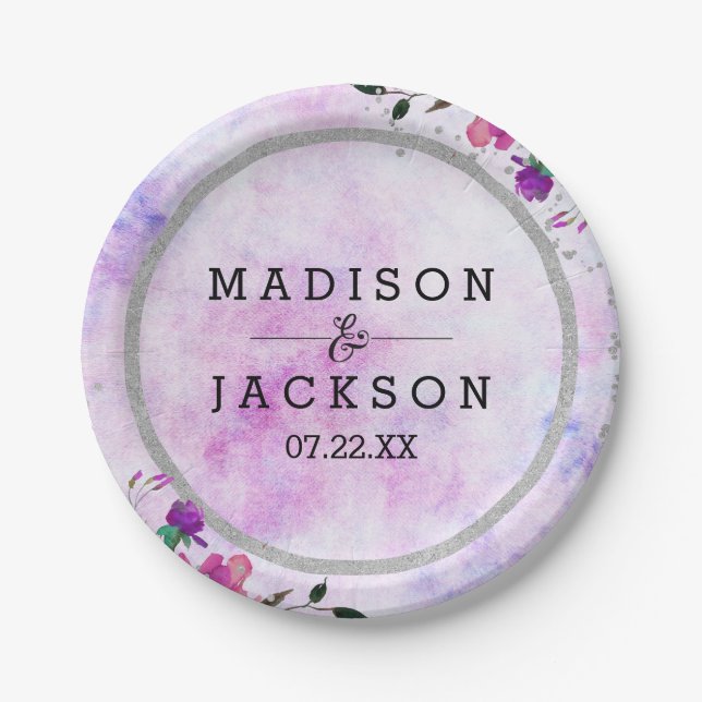 Chic Purple Floral & Silver Frame Wedding Monogram Paper Plates (Front)