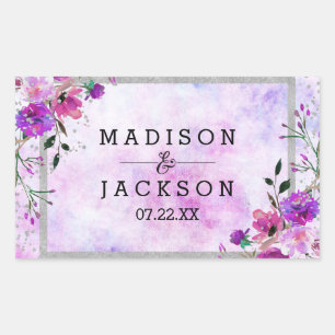 Chic Purple Floral & Silver Frame Wedding Monogram Rectangular Sticker
