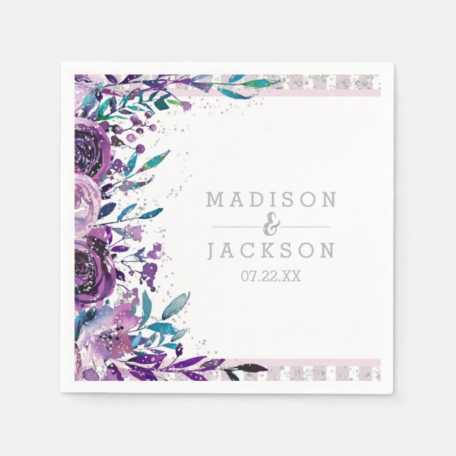 Chic Purple Floral & Silver Monogram Wedding Paper Napkins (Front)