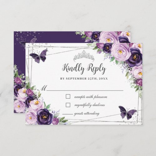 Chic Purple Floral Silver QUINCEAERA Butterflies RSVP Card
