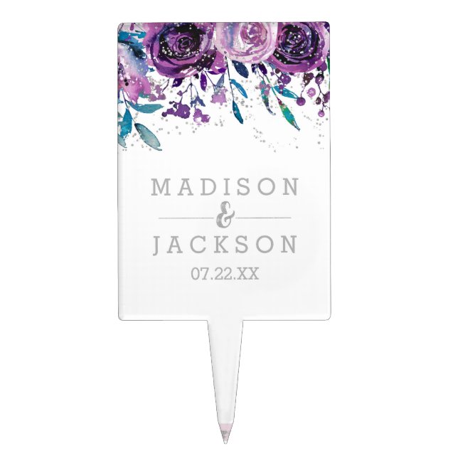 Chic Purple Floral & Silver Wedding Monogram Cake Topper (Front)