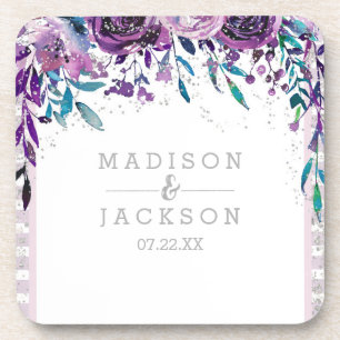 Chic Purple Floral & Silver Wedding Monogram Coaster