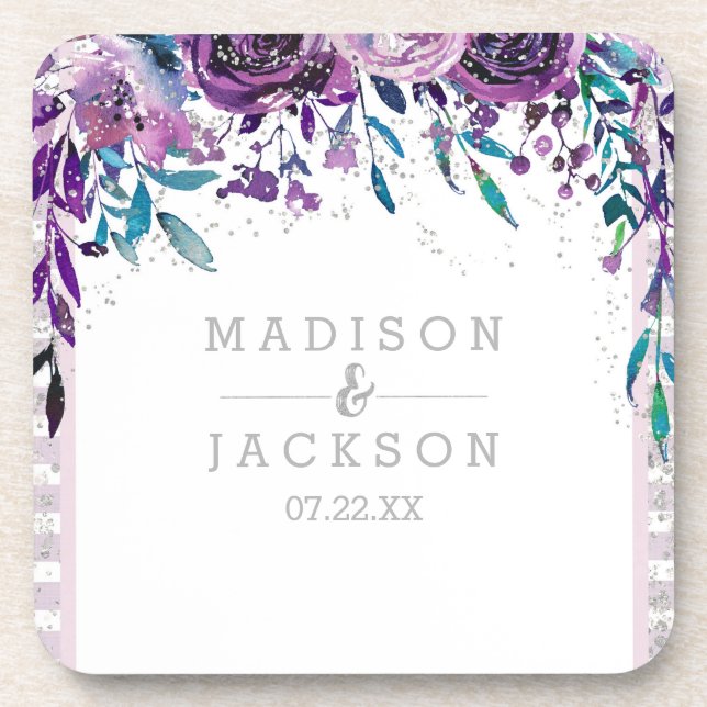 Chic Purple Floral & Silver Wedding Monogram Coaster (Front)
