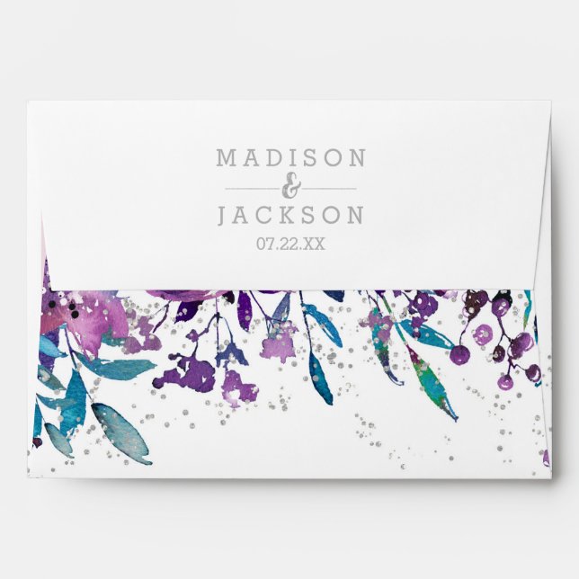 Chic Purple Floral & Silver Wedding Monogram Envelope (Back (Top Flap))