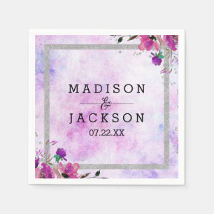 Chic Purple Floral & Silver Wedding Monogram Napkins