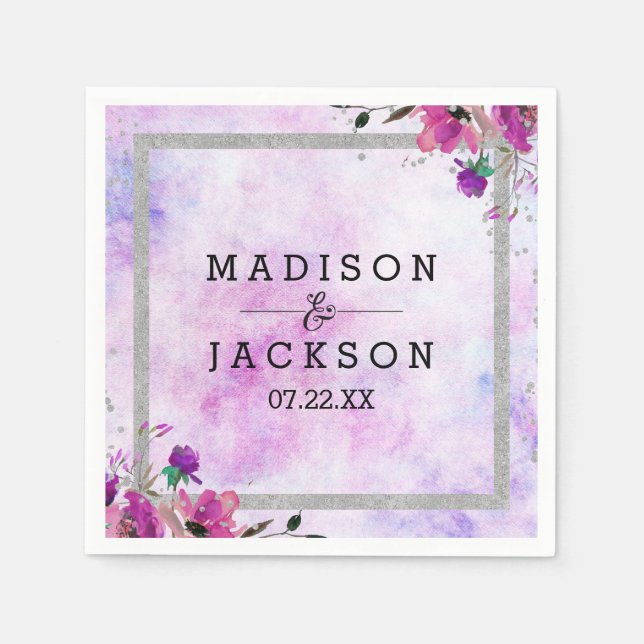 Chic Purple Floral & Silver Wedding Monogram Napkins (Front)