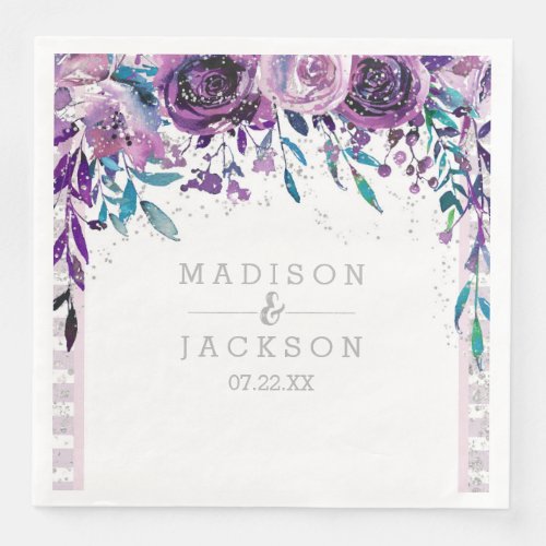 Chic Purple Floral  Silver Wedding Monogram Paper Dinner Napkins