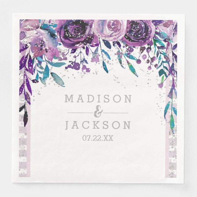 Chic Purple Floral & Silver Wedding Monogram Paper Dinner Napkins (Front)