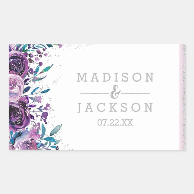 Chic Purple Floral & Silver Wedding Monogram Rectangular Sticker (Front)