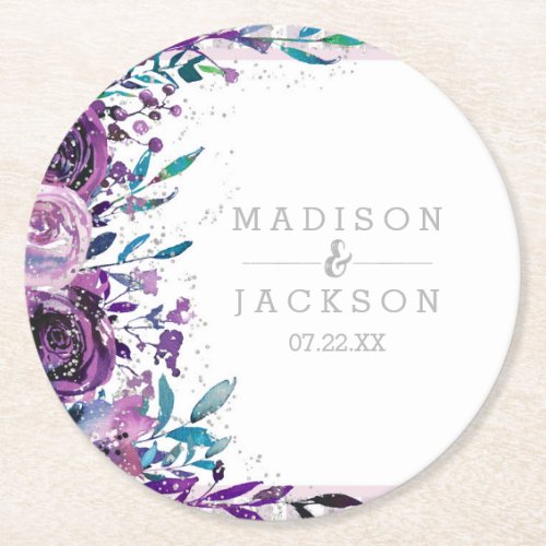 Chic Purple Floral  Silver Wedding Monogram Round Paper Coaster
