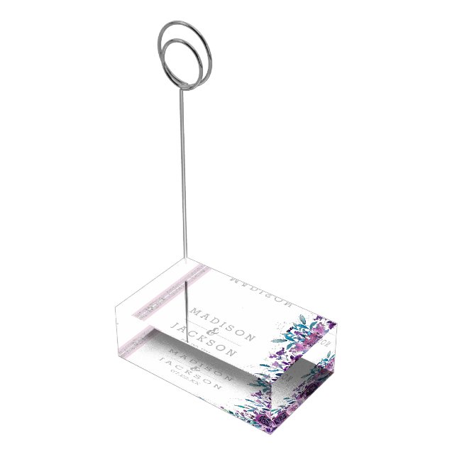 Chic Purple Floral & Silver Wedding Monogram Table Number Holder (Corner)