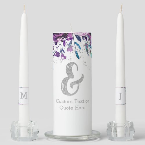 Chic Purple Floral  Silver Wedding Monogram Unity Candle Set