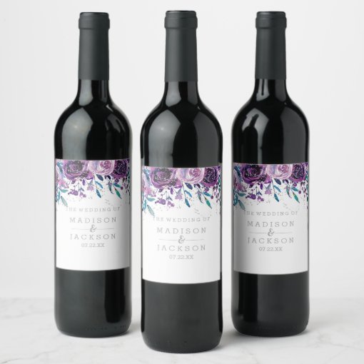 Chic Purple Floral & Silver Wedding Monogram Wine Label | Zazzle