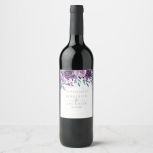 Chic Purple Floral & Silver Wedding Monogram Wine Label