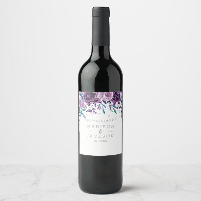 Chic Purple Floral & Silver Wedding Monogram Wine Label (Front)