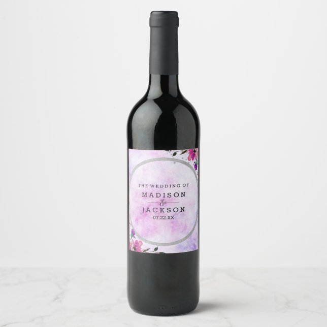 Chic Purple Floral & Silver Wedding Monogram Wine Label (Front)