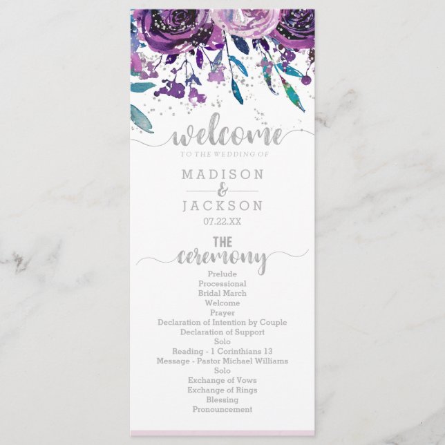 Chic Purple Floral & Silver Wedding Program (Front)