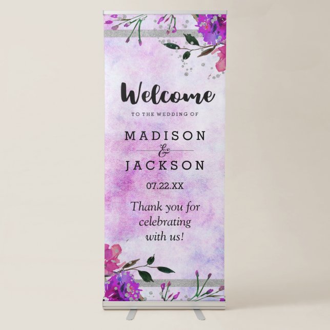 Chic Purple Floral & Silver Wedding Welcome Retractable Banner (Front)