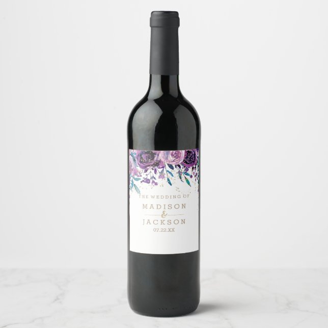 Chic Purple Floral Sparkling Wine Gold Wedding Mon Wine Label (Front)