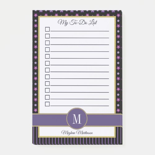 Chic Purple Floral Stripe Monogram Name To Do List Post_it Notes