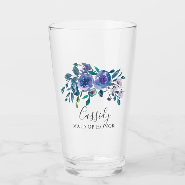 Chic Purple Floral Wedding Monogram Bridesmaid Glass (Front)