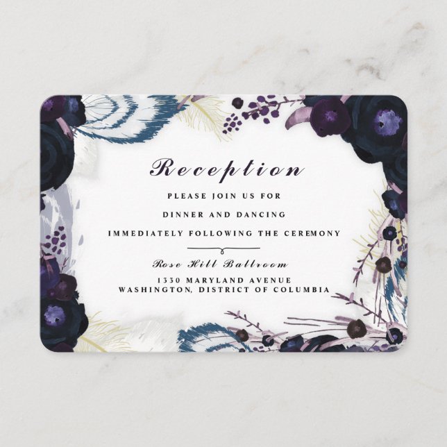 Chic Purple Floral Winter Reception Card (Front)