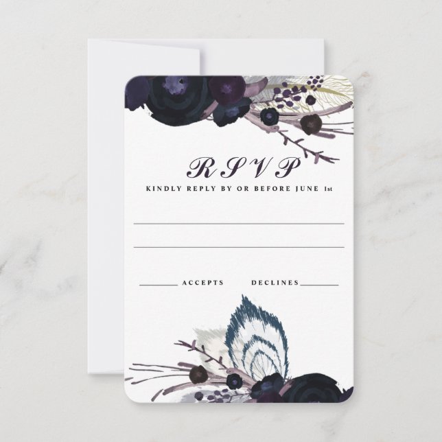 Chic Purple Floral Winter Wedding RSVP Reply Card (Front)