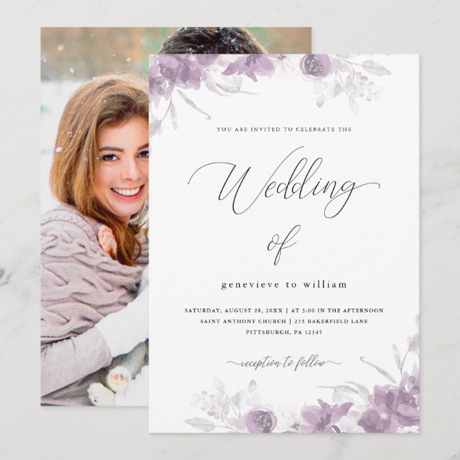 Chic Purple Floral with Calligraphy Photo Wedding Invitation (Front/Back)