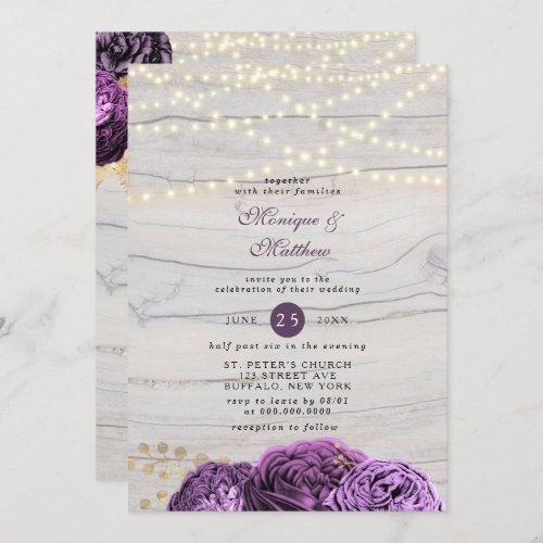 Chic Purple Floral Wood String Of Lights Wedding Invitation