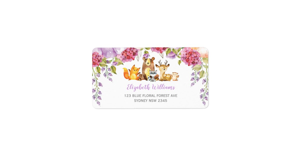 Chic Purple Floral Woodland Animals Return Address Label | Zazzle
