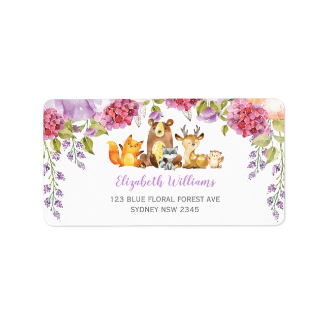 Chic Purple Floral Woodland Animals Return Address Label (Front)