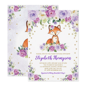 Chic Purple Floral Woodland Fox Baby Girl Shower Invitation