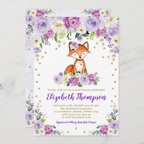 Chic Purple Floral Woodland Fox Baby Girl Shower Invitation