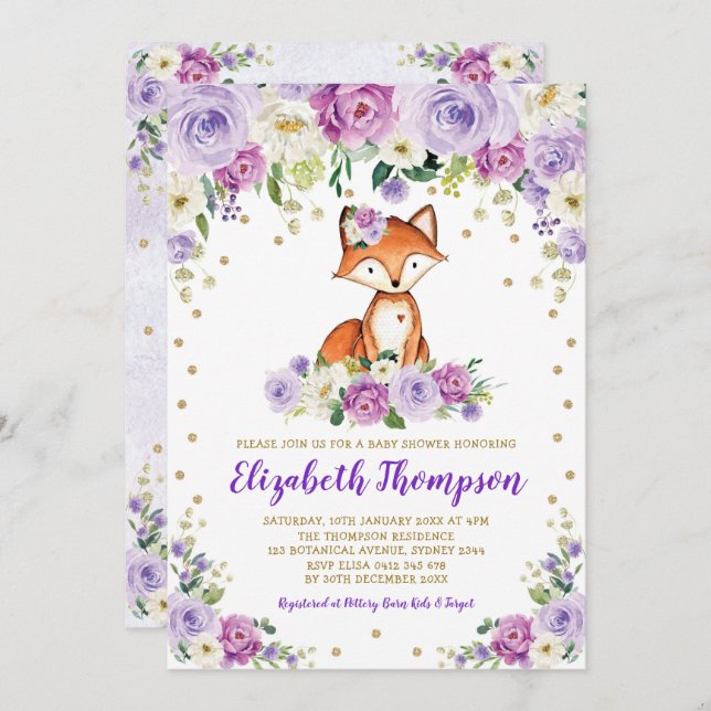 Chic Purple Floral Woodland Fox Baby Girl Shower Invitation (Front/Back)