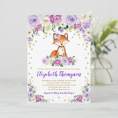 Chic Purple Floral Woodland Fox Baby Girl Shower Invitation (Standing Front)