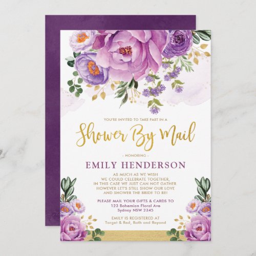 Chic Purple Flower Greenery Bridal Shower By Mail Invitation