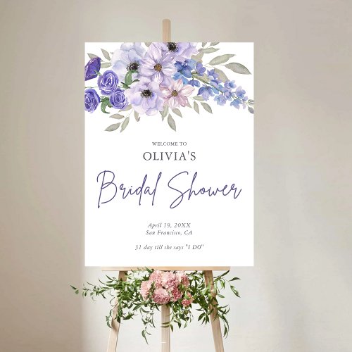 Chic Purple Flower Script Bridal Shower Welcome Foam Board