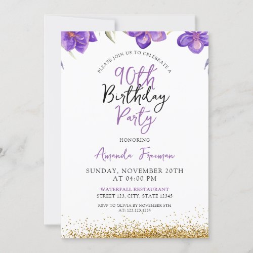 Chic Purple Flowers 90th Birthday Invitation