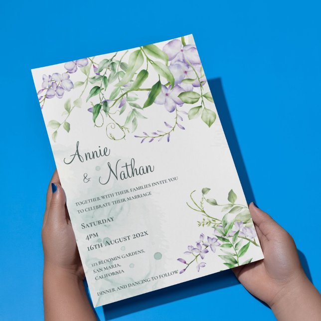 Chic Purple Flowers Green Leaves Floral Wedding Invitation (Chic Purple Flowers Green Leaves Floral Wedding Invitation)