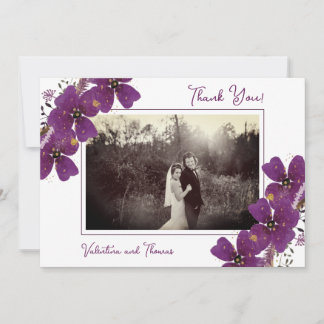 Chic Purple Flowers Wedding Photo Thank You Card