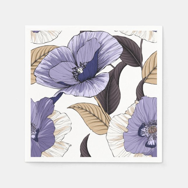 Chic purple frilly poppy tan leaves tableware  napkins (Front)