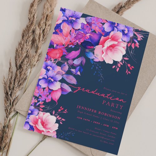 Chic Purple Garden Floral Graduation Navy  Invitation