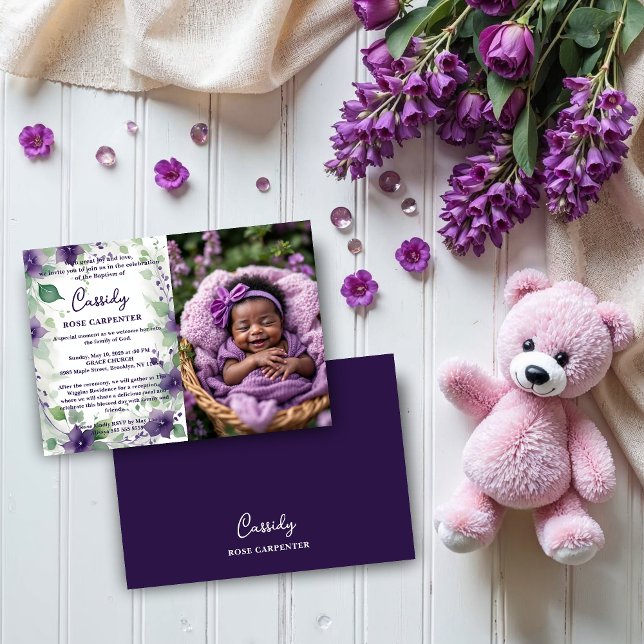 Chic Purple Garland Floral Photo Christening Baby Invitation (Elegant Purple Garland Flowers on a White Background – Baby Christening Invitation Cards with Photo.)
