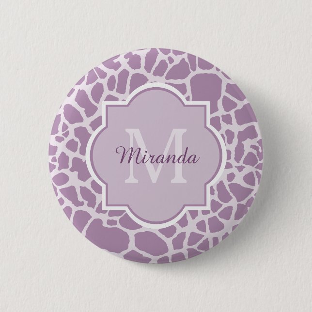 Chic Purple Giraffe Print With Monogram and Name Button (Front)