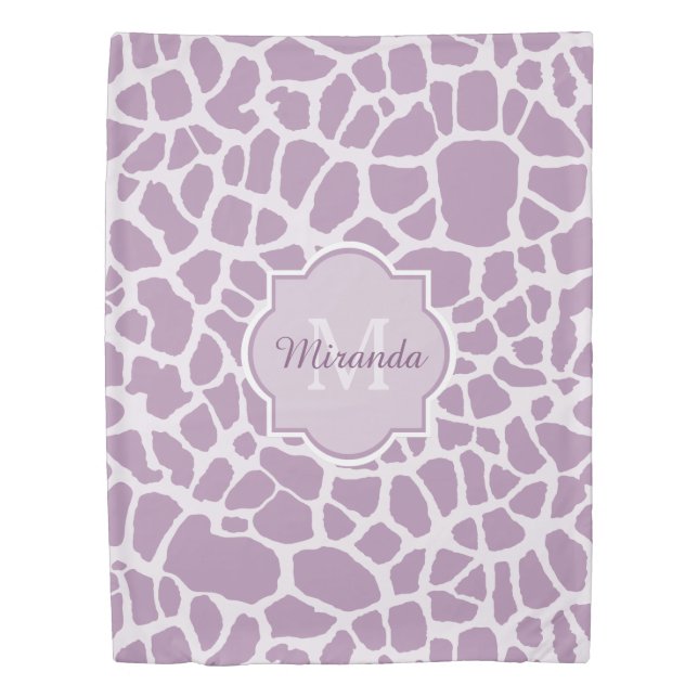 Chic Purple Giraffe Print With Monogram and Name Duvet Cover (Front)