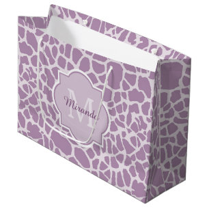 Chic Purple Giraffe Print With Monogram and Name Large Gift Bag