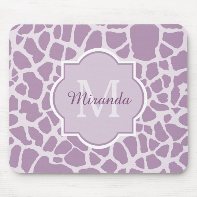 Chic Purple Giraffe Print With Monogram and Name Mouse Pad (Front)