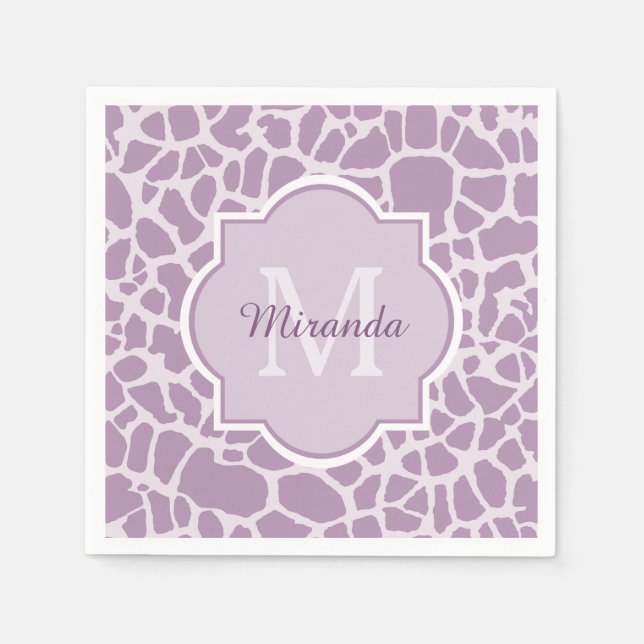 Chic Purple Giraffe Print With Monogram and Name Napkins (Front)