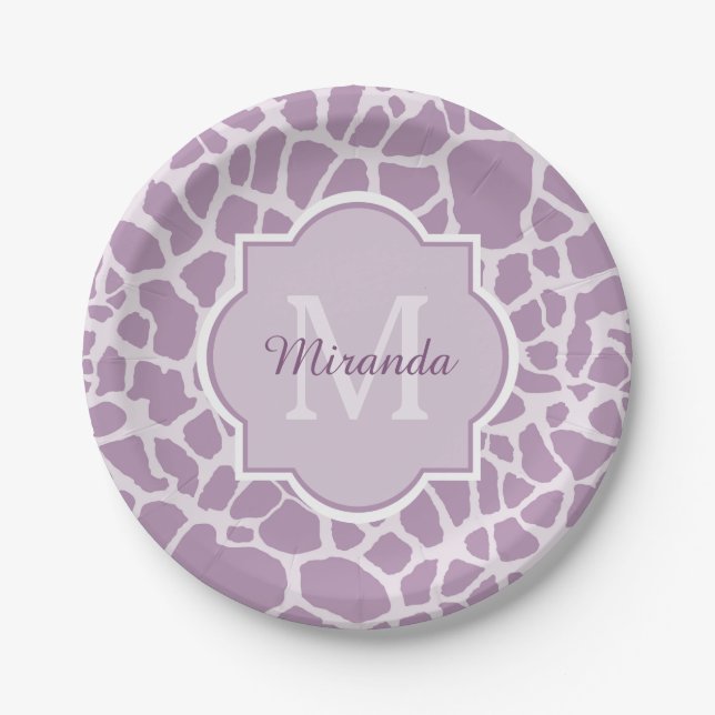 Chic Purple Giraffe Print With Monogram and Name Paper Plates (Front)